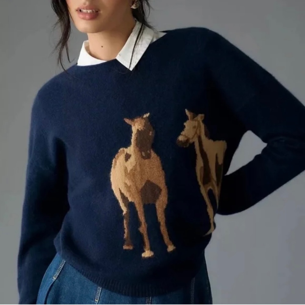 NWT Anthropologie Intarsia Cashmere horse sweater1x